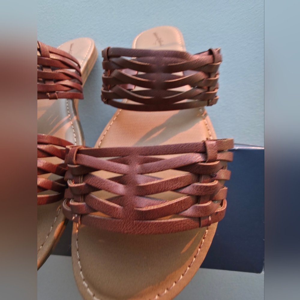 NIB Universal Thread Addie Brown Woven Two-Band Slide Sandals Boho Minimalist - Picture 3 of 6